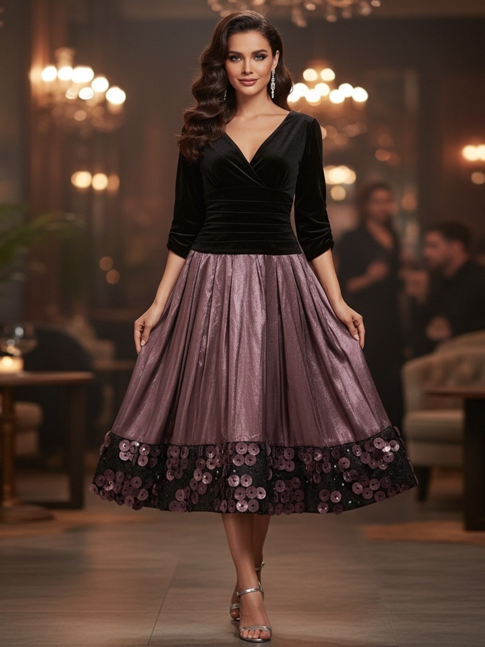 DressBarn Women ALine Midi Dress Sz 6 Black,Purple Cocktail Formal Wedding Satin
